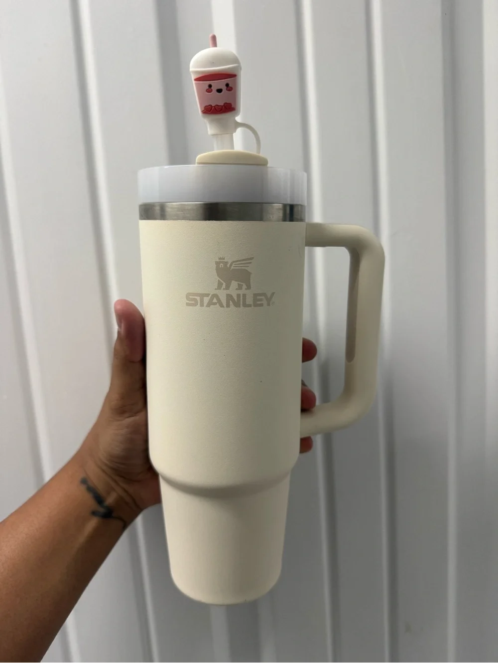 Cream Stanley cup with boba straw topper